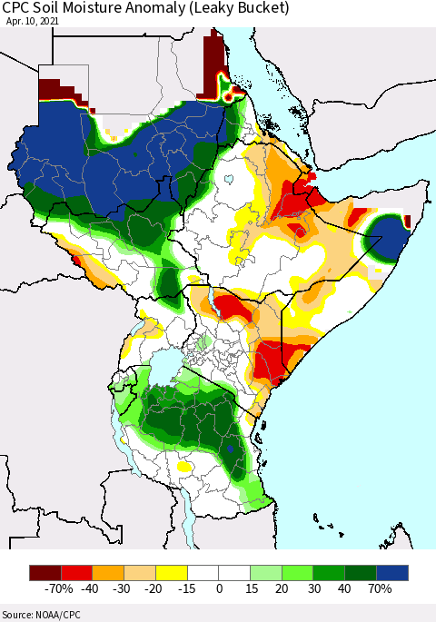 Eastern Africa CPC Soil Moisture Anomaly (Leaky Bucket) Thematic Map For 4/6/2021 - 4/10/2021