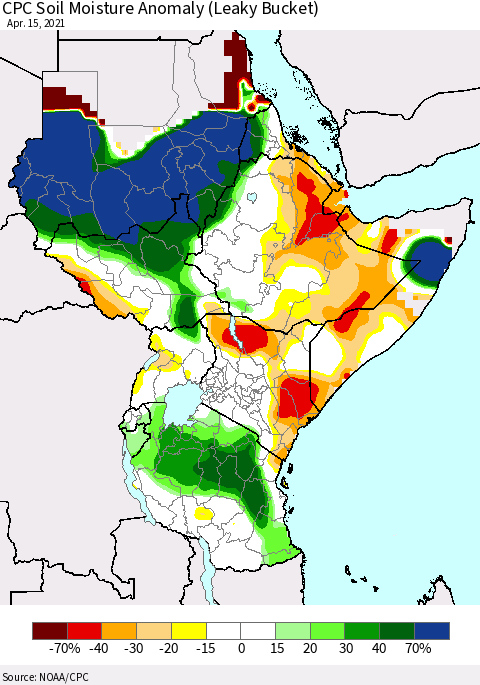 Eastern Africa CPC Soil Moisture Anomaly (Leaky Bucket) Thematic Map For 4/11/2021 - 4/15/2021