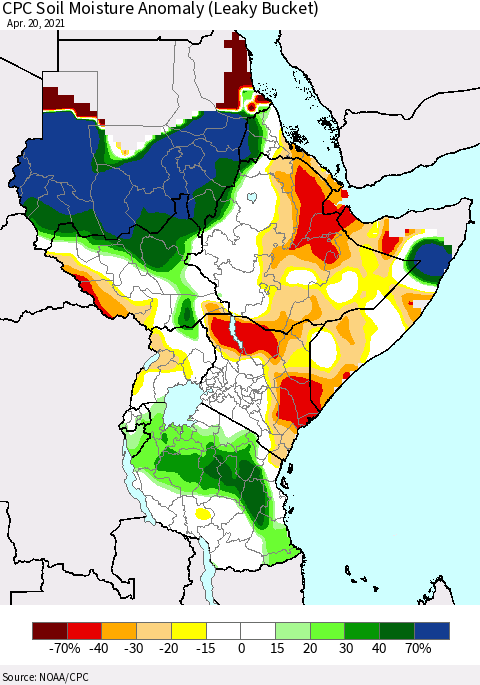 Eastern Africa CPC Soil Moisture Anomaly (Leaky Bucket) Thematic Map For 4/16/2021 - 4/20/2021