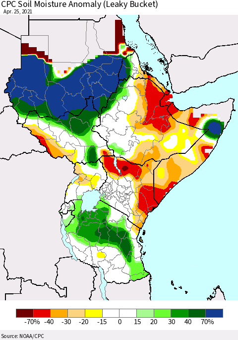 Eastern Africa CPC Soil Moisture Anomaly (Leaky Bucket) Thematic Map For 4/21/2021 - 4/25/2021