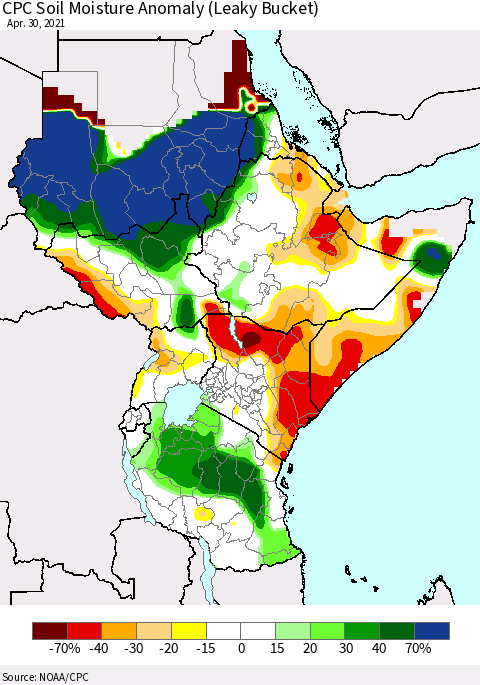 Eastern Africa CPC Soil Moisture Anomaly (Leaky Bucket) Thematic Map For 4/26/2021 - 4/30/2021