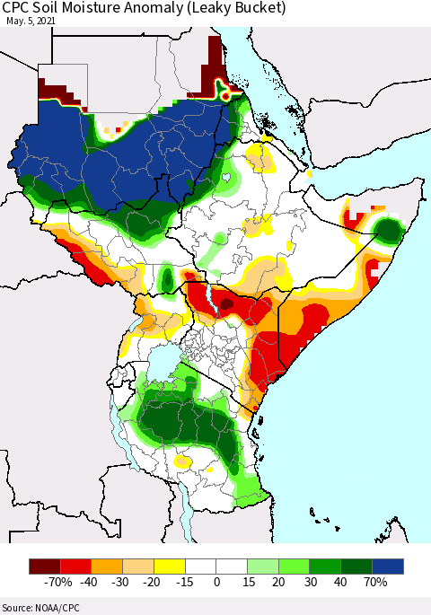 Eastern Africa CPC Soil Moisture Anomaly (Leaky Bucket) Thematic Map For 5/1/2021 - 5/5/2021