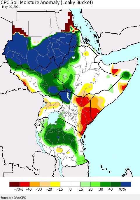 Eastern Africa CPC Soil Moisture Anomaly (Leaky Bucket) Thematic Map For 5/6/2021 - 5/10/2021