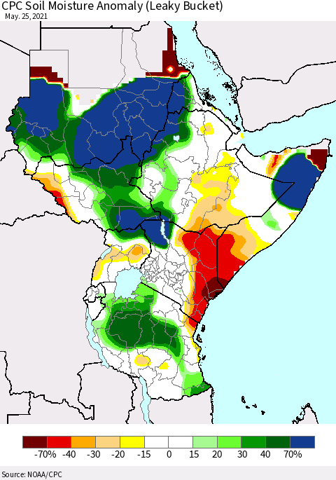 Eastern Africa CPC Soil Moisture Anomaly (Leaky Bucket) Thematic Map For 5/21/2021 - 5/25/2021