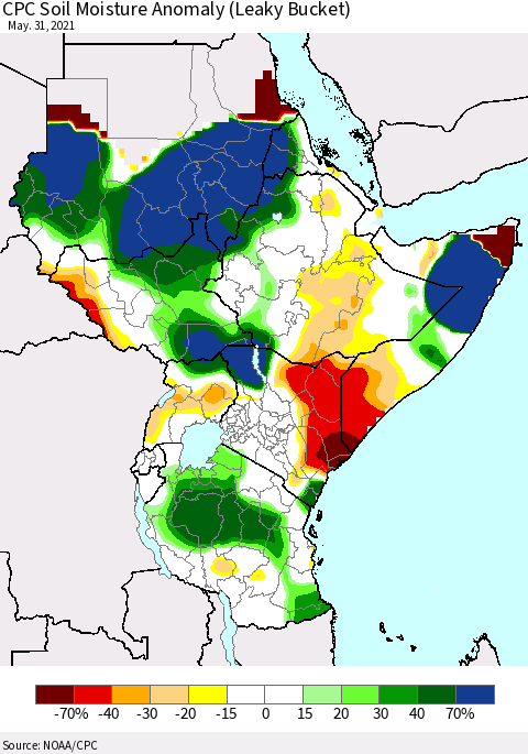 Eastern Africa CPC Soil Moisture Anomaly (Leaky Bucket) Thematic Map For 5/26/2021 - 5/31/2021