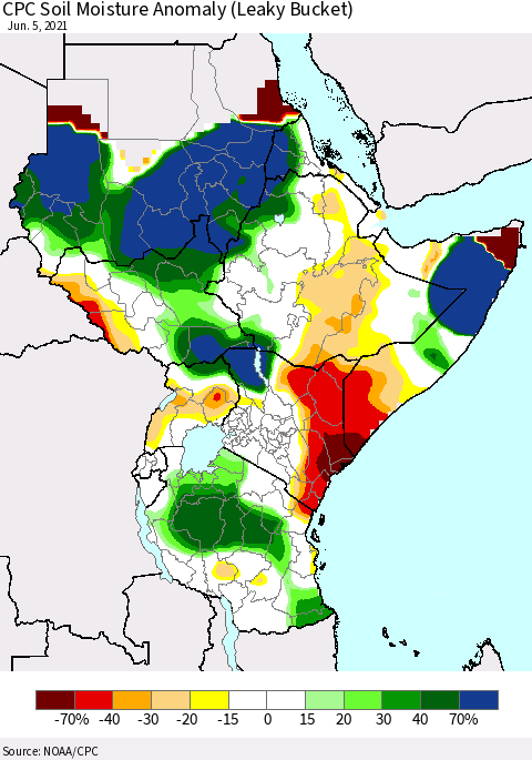 Eastern Africa CPC Soil Moisture Anomaly (Leaky Bucket) Thematic Map For 6/1/2021 - 6/5/2021