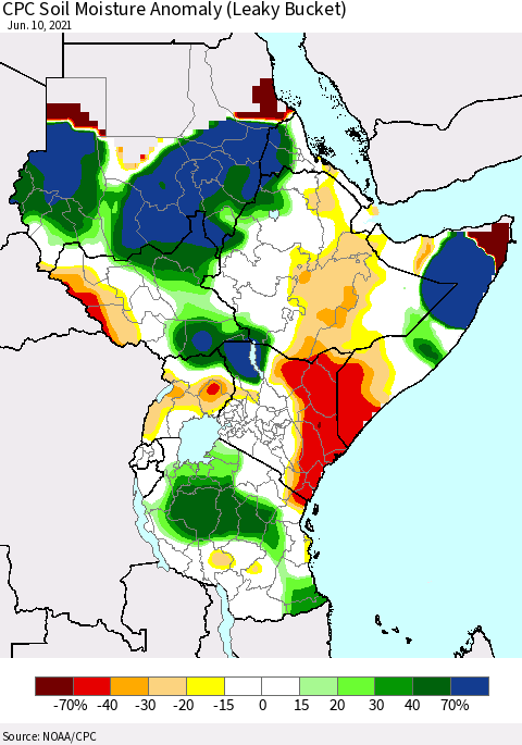Eastern Africa CPC Soil Moisture Anomaly (Leaky Bucket) Thematic Map For 6/6/2021 - 6/10/2021