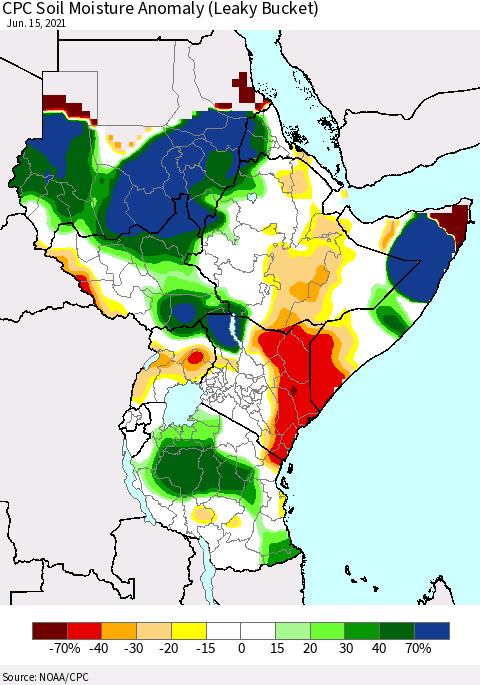 Eastern Africa CPC Soil Moisture Anomaly (Leaky Bucket) Thematic Map For 6/11/2021 - 6/15/2021