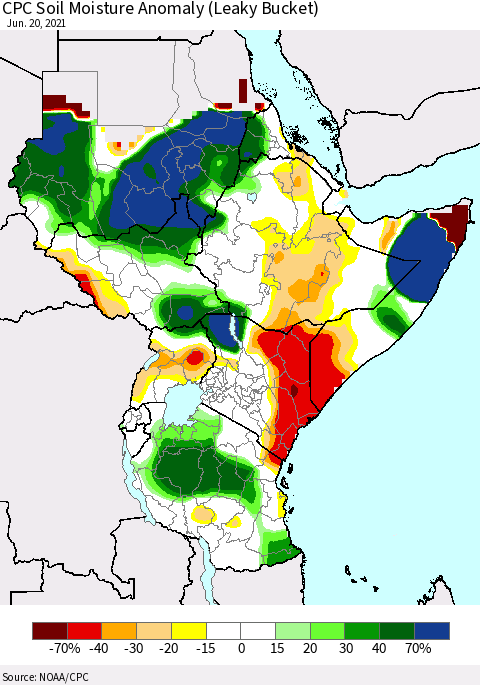 Eastern Africa CPC Soil Moisture Anomaly (Leaky Bucket) Thematic Map For 6/16/2021 - 6/20/2021