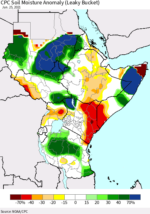 Eastern Africa CPC Soil Moisture Anomaly (Leaky Bucket) Thematic Map For 6/21/2021 - 6/25/2021