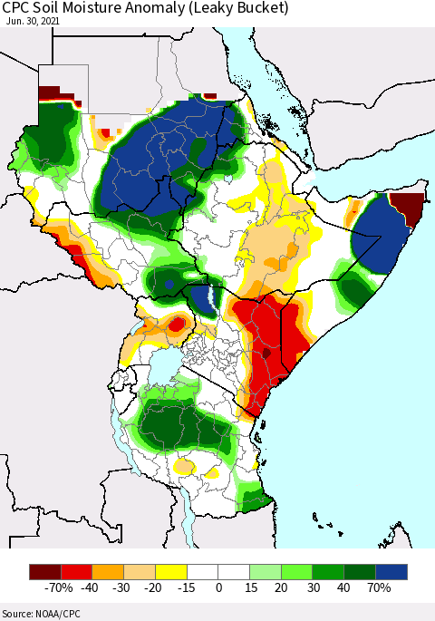 Eastern Africa CPC Soil Moisture Anomaly (Leaky Bucket) Thematic Map For 6/26/2021 - 6/30/2021