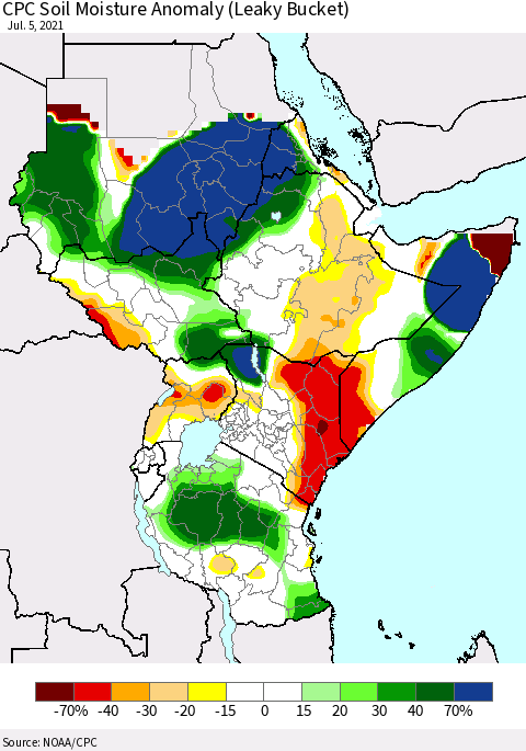 Eastern Africa CPC Soil Moisture Anomaly (Leaky Bucket) Thematic Map For 7/1/2021 - 7/5/2021