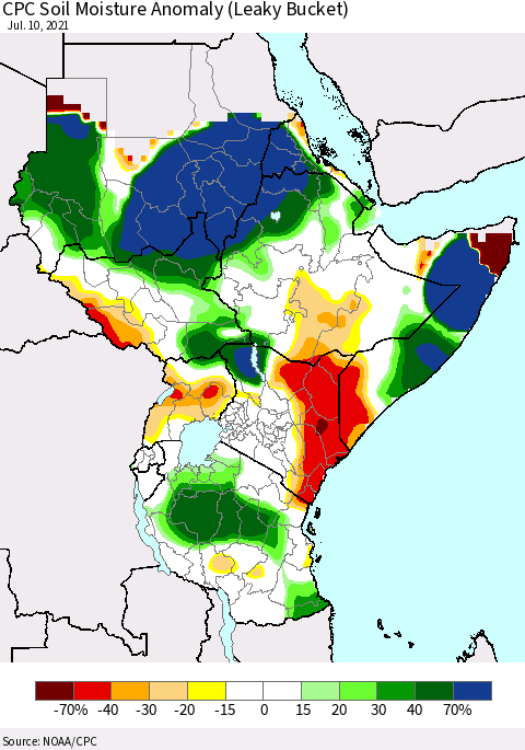 Eastern Africa CPC Soil Moisture Anomaly (Leaky Bucket) Thematic Map For 7/6/2021 - 7/10/2021