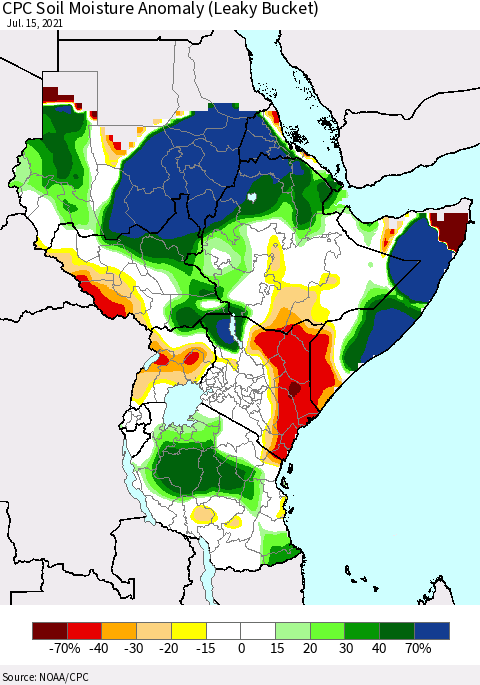 Eastern Africa CPC Soil Moisture Anomaly (Leaky Bucket) Thematic Map For 7/11/2021 - 7/15/2021