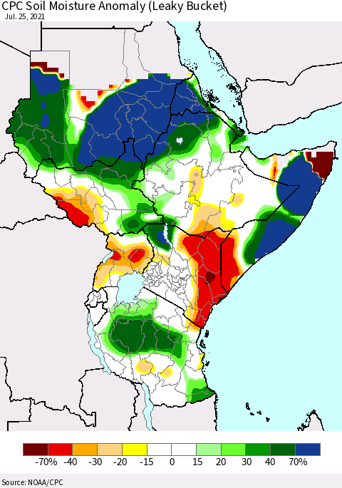 Eastern Africa CPC Soil Moisture Anomaly (Leaky Bucket) Thematic Map For 7/21/2021 - 7/25/2021