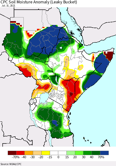 Eastern Africa CPC Soil Moisture Anomaly (Leaky Bucket) Thematic Map For 7/26/2021 - 7/31/2021