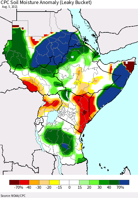 Eastern Africa CPC Soil Moisture Anomaly (Leaky Bucket) Thematic Map For 8/1/2021 - 8/5/2021