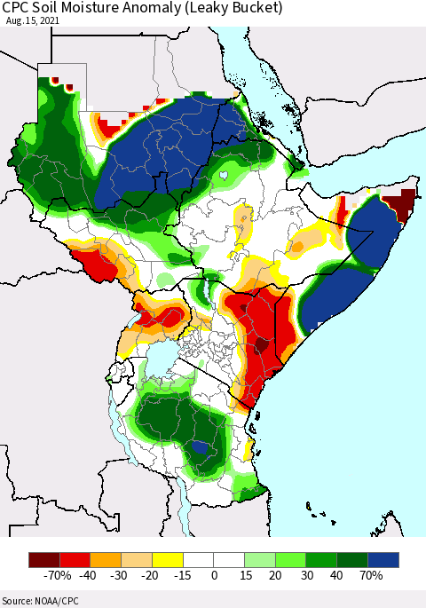 Eastern Africa CPC Soil Moisture Anomaly (Leaky Bucket) Thematic Map For 8/11/2021 - 8/15/2021