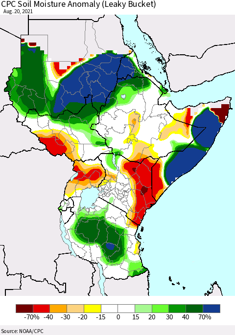 Eastern Africa CPC Soil Moisture Anomaly (Leaky Bucket) Thematic Map For 8/16/2021 - 8/20/2021