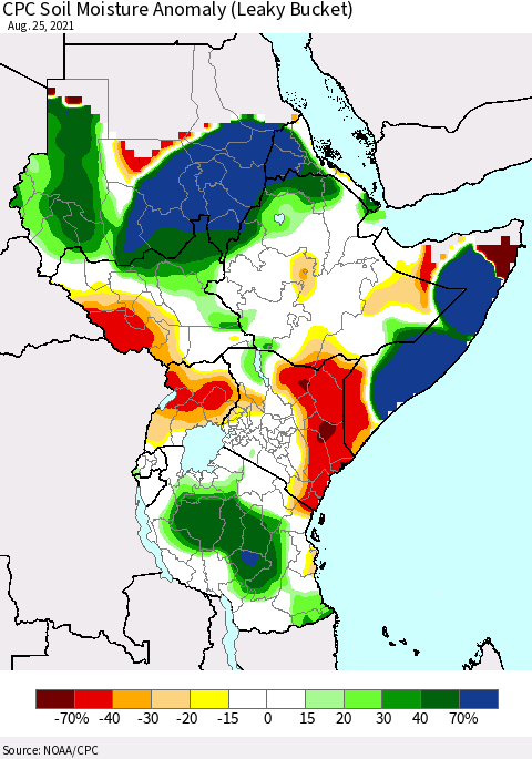 Eastern Africa CPC Soil Moisture Anomaly (Leaky Bucket) Thematic Map For 8/21/2021 - 8/25/2021