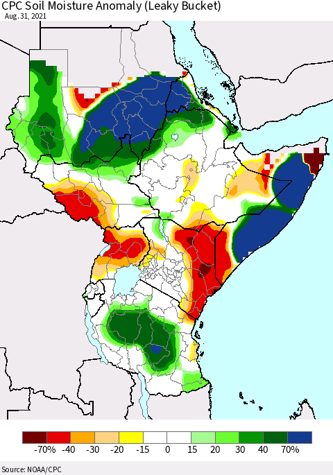 Eastern Africa CPC Soil Moisture Anomaly (Leaky Bucket) Thematic Map For 8/26/2021 - 8/31/2021