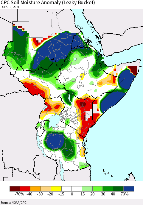Eastern Africa CPC Soil Moisture Anomaly (Leaky Bucket) Thematic Map For 10/6/2021 - 10/10/2021
