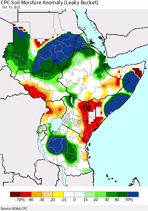 Eastern Africa CPC Soil Moisture Anomaly (Leaky Bucket) Thematic Map For 10/11/2021 - 10/15/2021