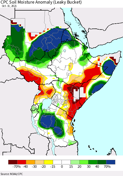Eastern Africa CPC Soil Moisture Anomaly (Leaky Bucket) Thematic Map For 10/26/2021 - 10/31/2021