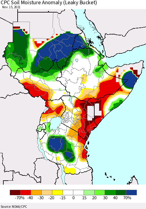 Eastern Africa CPC Soil Moisture Anomaly (Leaky Bucket) Thematic Map For 11/11/2021 - 11/15/2021
