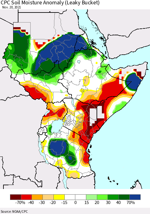Eastern Africa CPC Soil Moisture Anomaly (Leaky Bucket) Thematic Map For 11/16/2021 - 11/20/2021