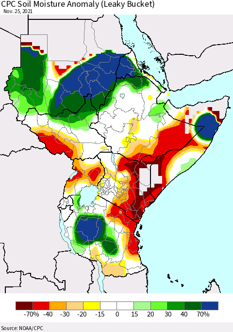Eastern Africa CPC Soil Moisture Anomaly (Leaky Bucket) Thematic Map For 11/21/2021 - 11/25/2021