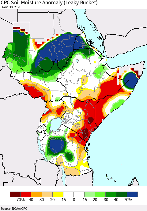 Eastern Africa CPC Soil Moisture Anomaly (Leaky Bucket) Thematic Map For 11/26/2021 - 11/30/2021