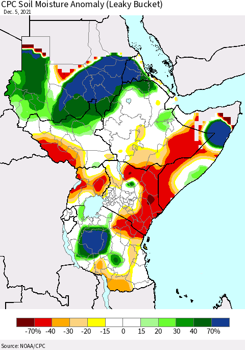 Eastern Africa CPC Soil Moisture Anomaly (Leaky Bucket) Thematic Map For 12/1/2021 - 12/5/2021