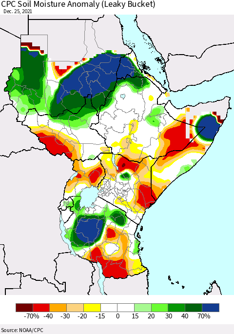 Eastern Africa CPC Soil Moisture Anomaly (Leaky Bucket) Thematic Map For 12/21/2021 - 12/25/2021