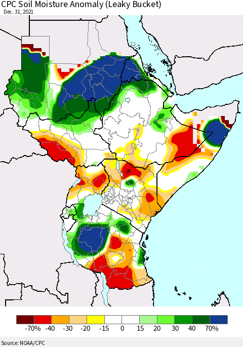 Eastern Africa CPC Soil Moisture Anomaly (Leaky Bucket) Thematic Map For 12/26/2021 - 12/31/2021