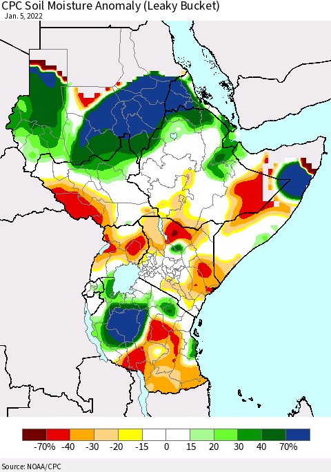 Eastern Africa CPC Soil Moisture Anomaly (Leaky Bucket) Thematic Map For 1/1/2022 - 1/5/2022