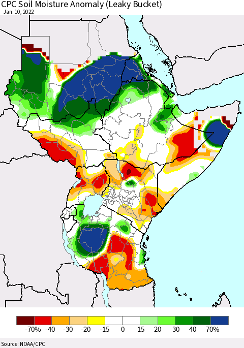 Eastern Africa CPC Soil Moisture Anomaly (Leaky Bucket) Thematic Map For 1/6/2022 - 1/10/2022
