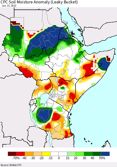 Eastern Africa CPC Soil Moisture Anomaly (Leaky Bucket) Thematic Map For 1/11/2022 - 1/15/2022