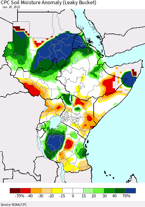 Eastern Africa CPC Soil Moisture Anomaly (Leaky Bucket) Thematic Map For 1/16/2022 - 1/20/2022