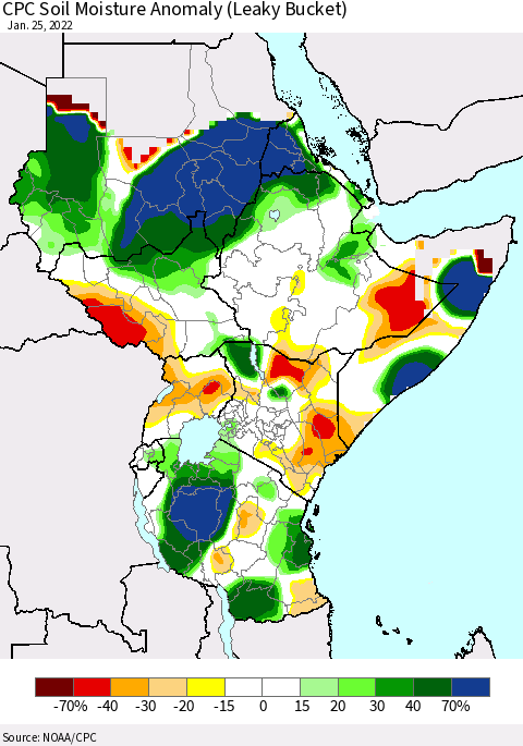 Eastern Africa CPC Soil Moisture Anomaly (Leaky Bucket) Thematic Map For 1/21/2022 - 1/25/2022