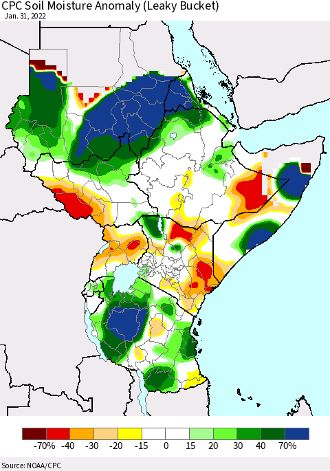 Eastern Africa CPC Soil Moisture Anomaly (Leaky Bucket) Thematic Map For 1/26/2022 - 1/31/2022