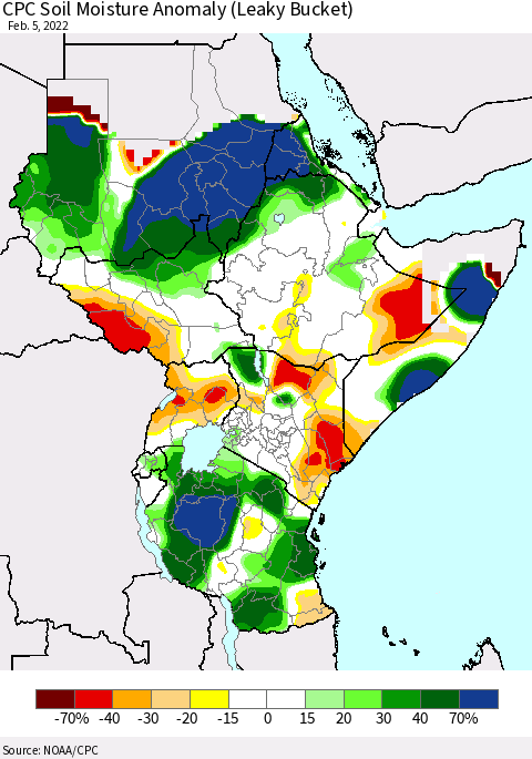 Eastern Africa CPC Soil Moisture Anomaly (Leaky Bucket) Thematic Map For 2/1/2022 - 2/5/2022