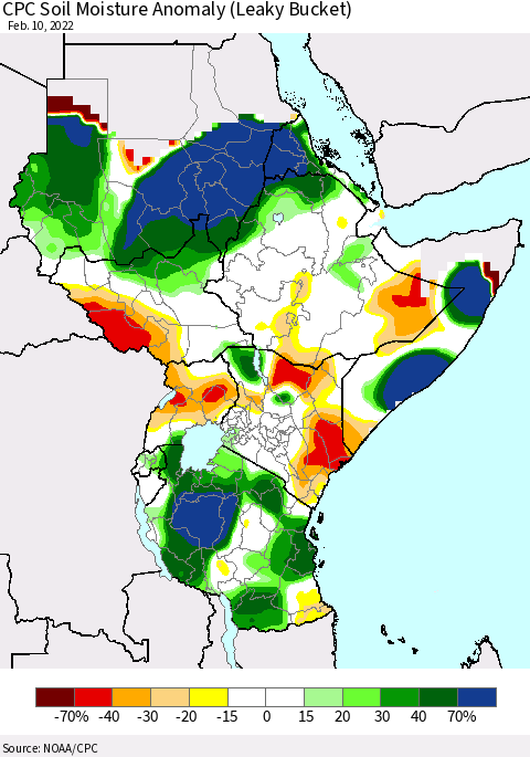 Eastern Africa CPC Soil Moisture Anomaly (Leaky Bucket) Thematic Map For 2/6/2022 - 2/10/2022