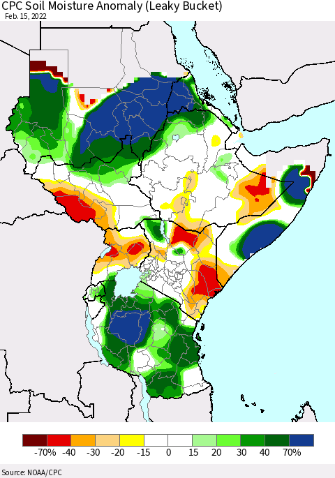 Eastern Africa CPC Soil Moisture Anomaly (Leaky Bucket) Thematic Map For 2/11/2022 - 2/15/2022