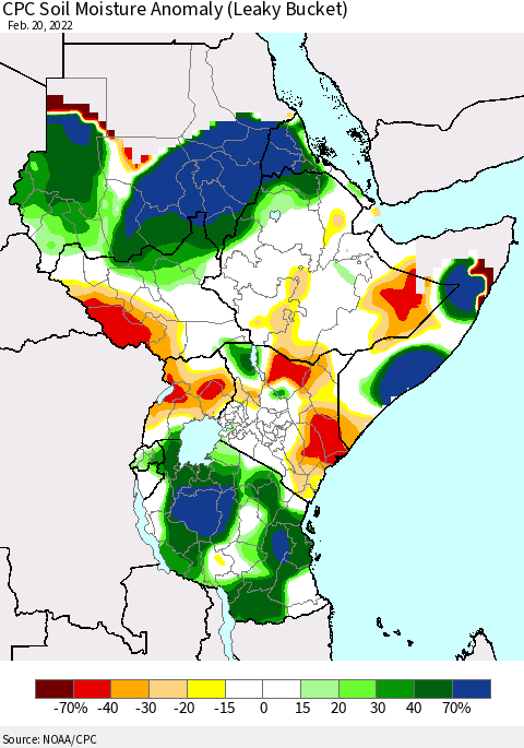 Eastern Africa CPC Soil Moisture Anomaly (Leaky Bucket) Thematic Map For 2/16/2022 - 2/20/2022