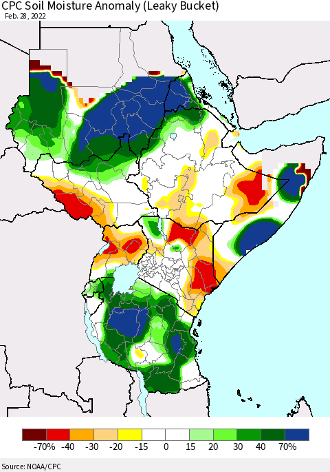 Eastern Africa CPC Soil Moisture Anomaly (Leaky Bucket) Thematic Map For 2/26/2022 - 2/28/2022