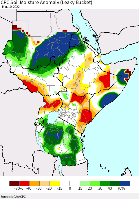 Eastern Africa CPC Soil Moisture Anomaly (Leaky Bucket) Thematic Map For 3/6/2022 - 3/10/2022