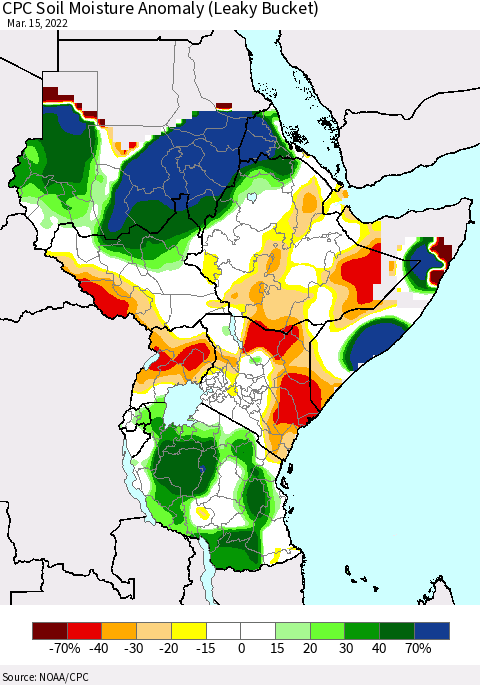 Eastern Africa CPC Soil Moisture Anomaly (Leaky Bucket) Thematic Map For 3/11/2022 - 3/15/2022