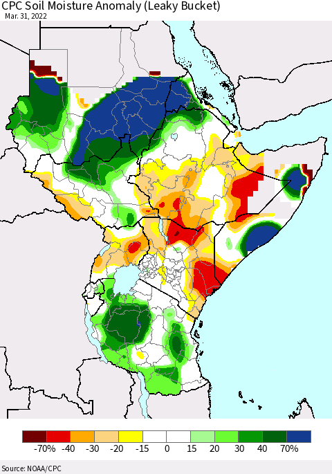 Eastern Africa CPC Soil Moisture Anomaly (Leaky Bucket) Thematic Map For 3/26/2022 - 3/31/2022