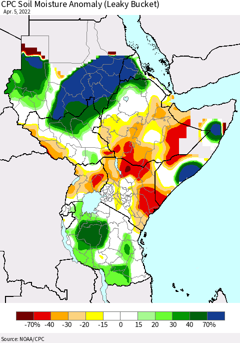 Eastern Africa CPC Soil Moisture Anomaly (Leaky Bucket) Thematic Map For 4/1/2022 - 4/5/2022